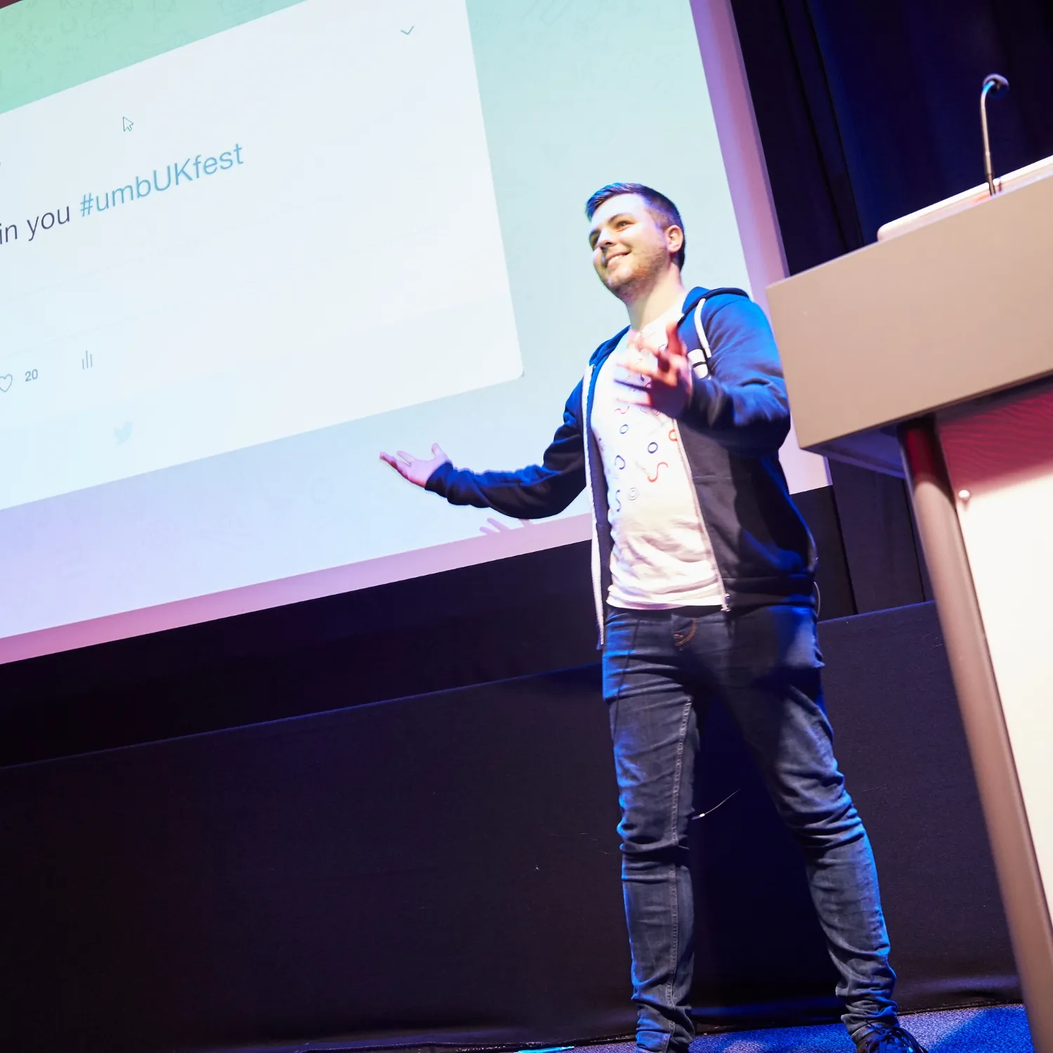 Callum Whyte on stage at Umbraco UK Festival